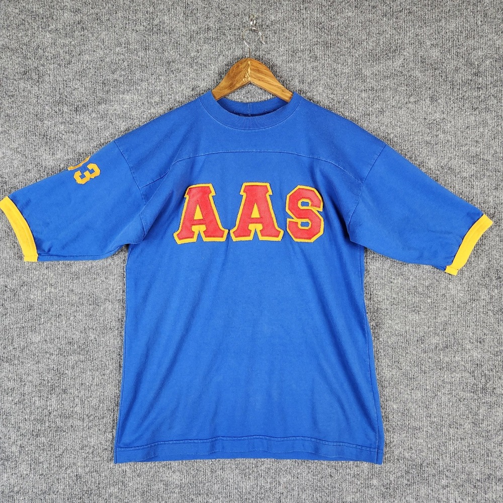 AAS Sorority Shirt Women Size M Barbie 5 Athletic Ringer Tee Blue Vintage